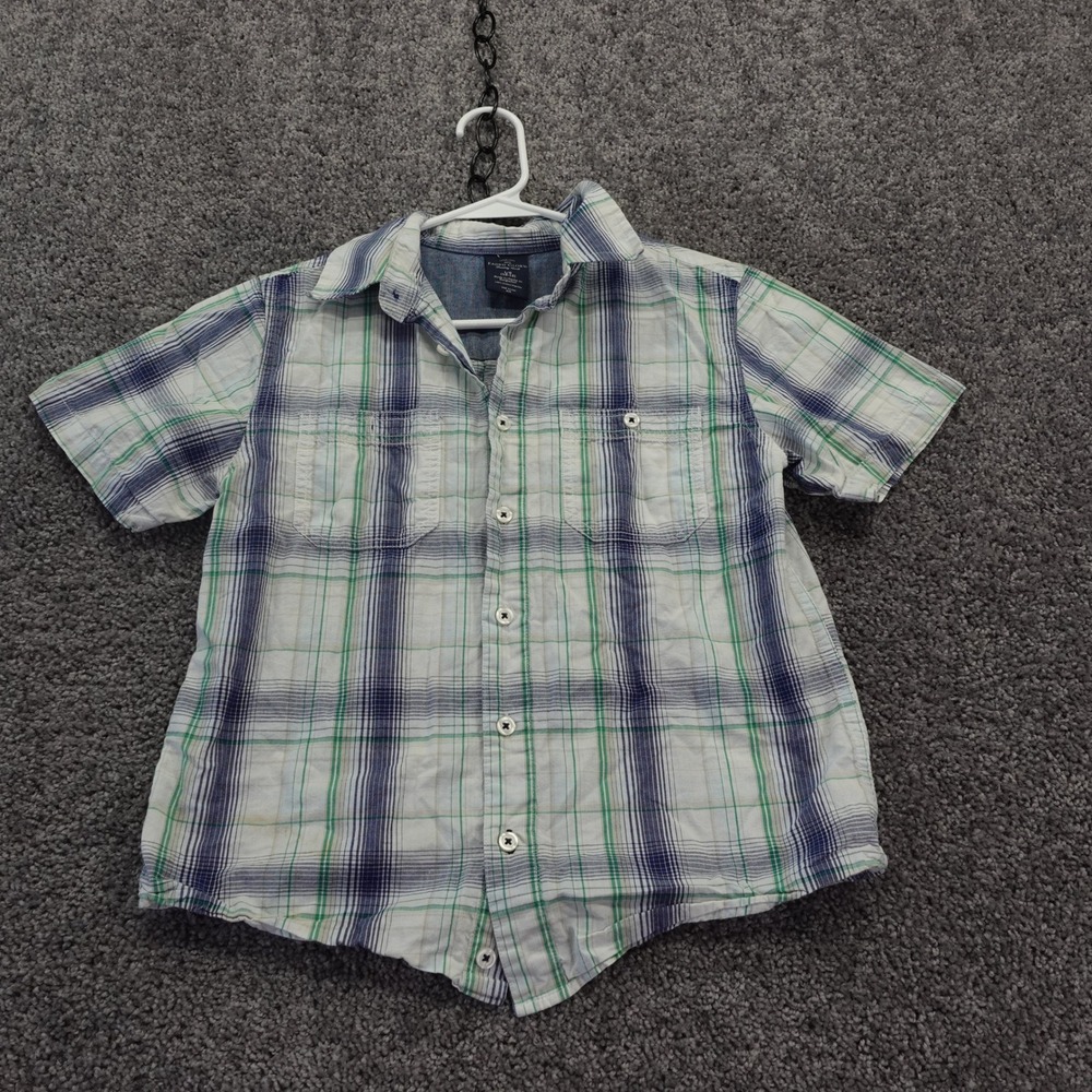 Faded Glory Button Down Boys Large 10-12 Blue Green Plaid Short Sleeve Shirt
